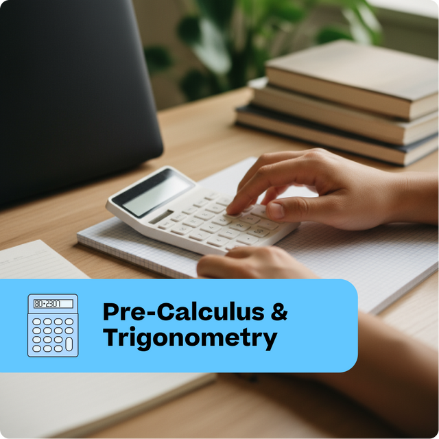 Person using a calculator with books and a laptop on a desk, labeled 'Pre-Calculus & Trigonometry'.