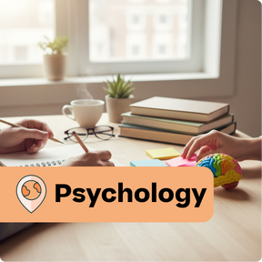Two people working on psychology-related activities with books, a brain model, and a notebook.