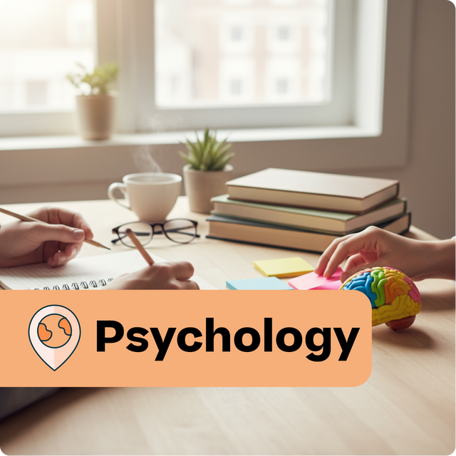 Two people working on psychology-related activities with books, a brain model, and a notebook.