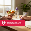 Two people writing in a notebook with a 'Skills for Health' banner at the bottom.