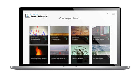 Laptop displaying a science education platform with various lesson categories on the screen.