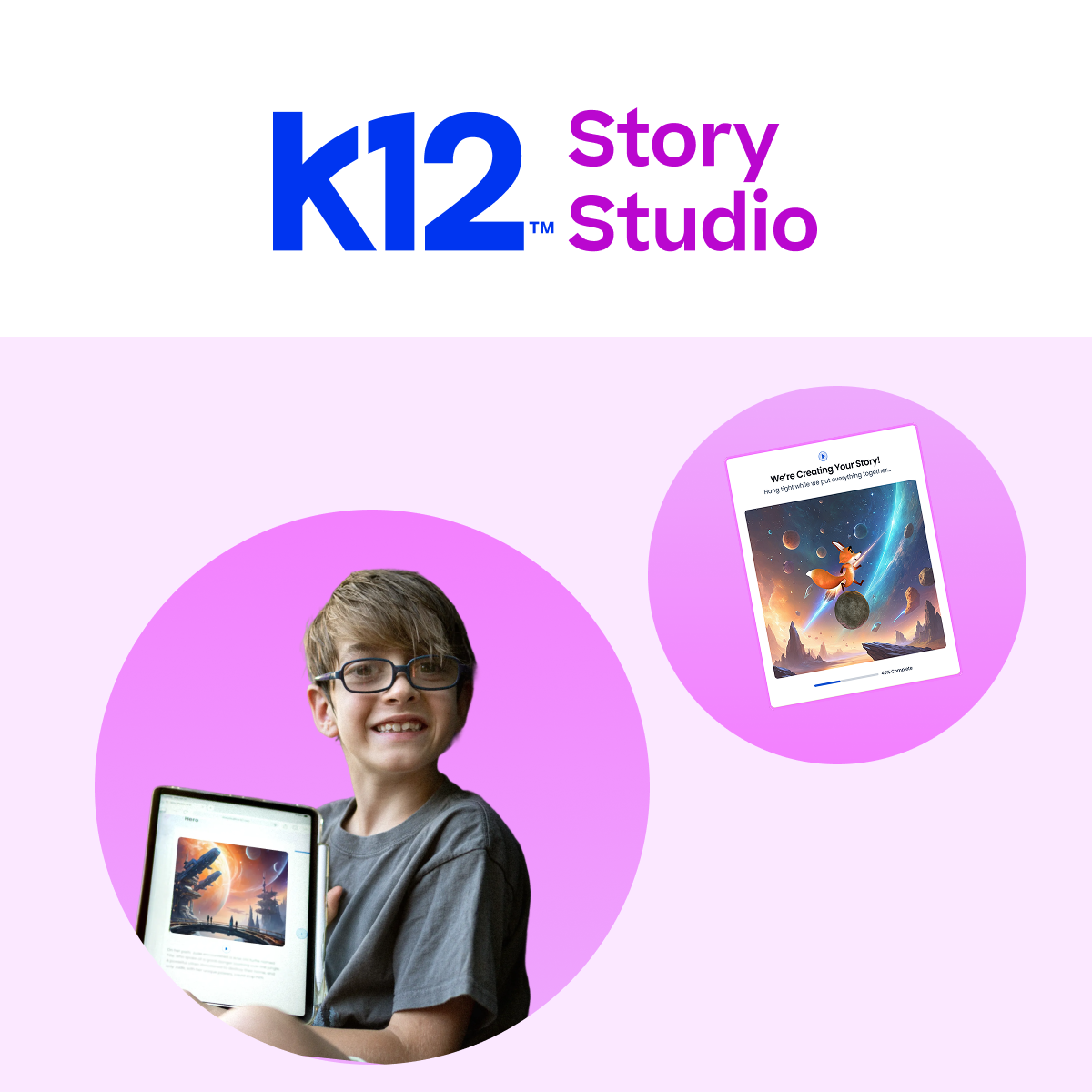 K12 Story Studio with a child holding a tablet and a storybook on a pink background