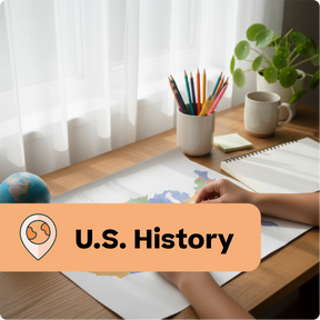 Person studying U.S. History at a desk with a world map, pencils, and a mug.