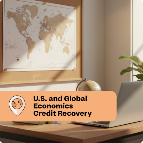 Desk with world map, laptop, and decorative items with an overlay text about U.S. and Global Economics Credit Recovery.