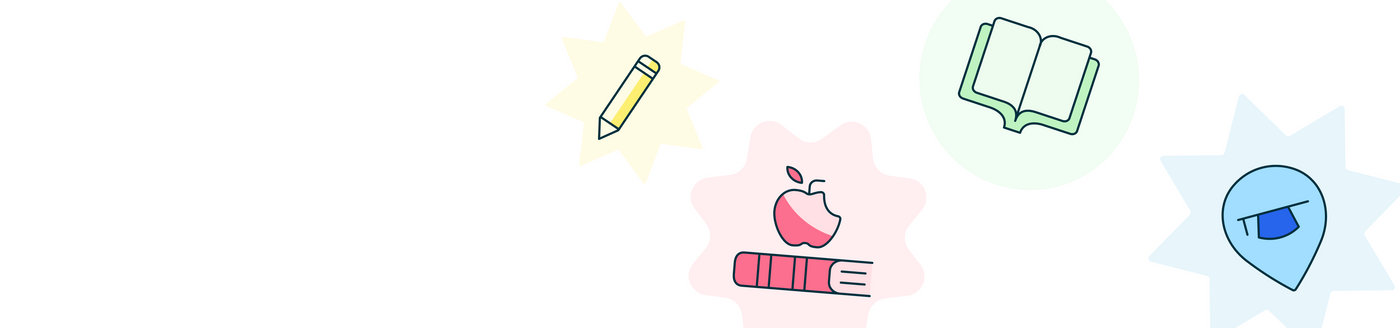 Set of colorful icons including a pencil, apple, book, and speech bubble on a white background.