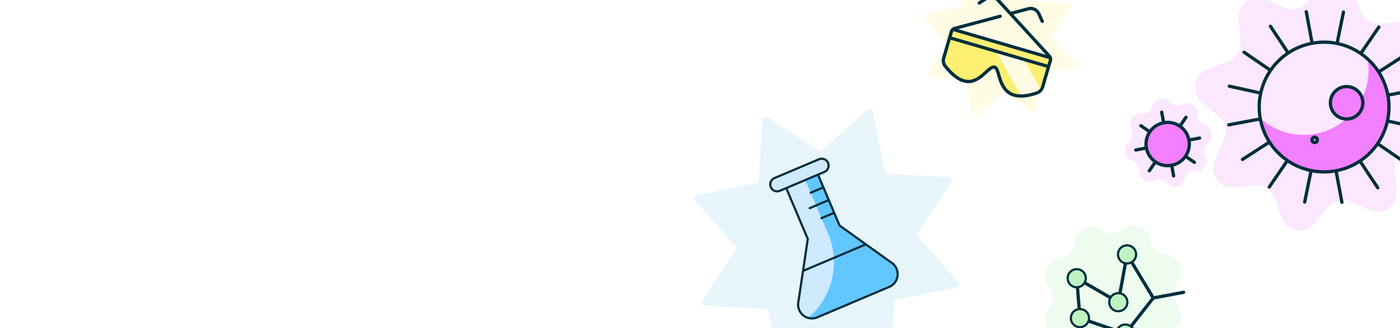 Colorful icons of a beaker, goggles, and other scientific symbols on a white background