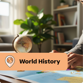 Person studying world history with a map and globe in a home setting