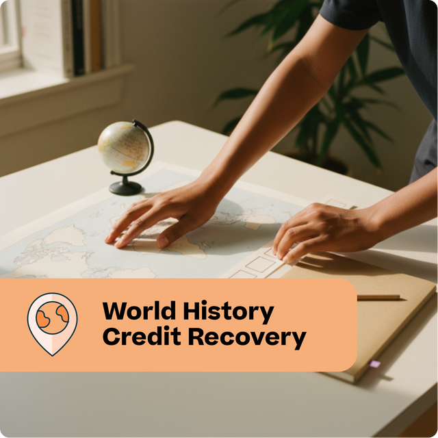 Person using a computer with a world map and globe on a desk, labeled 'World History Credit Recovery'.